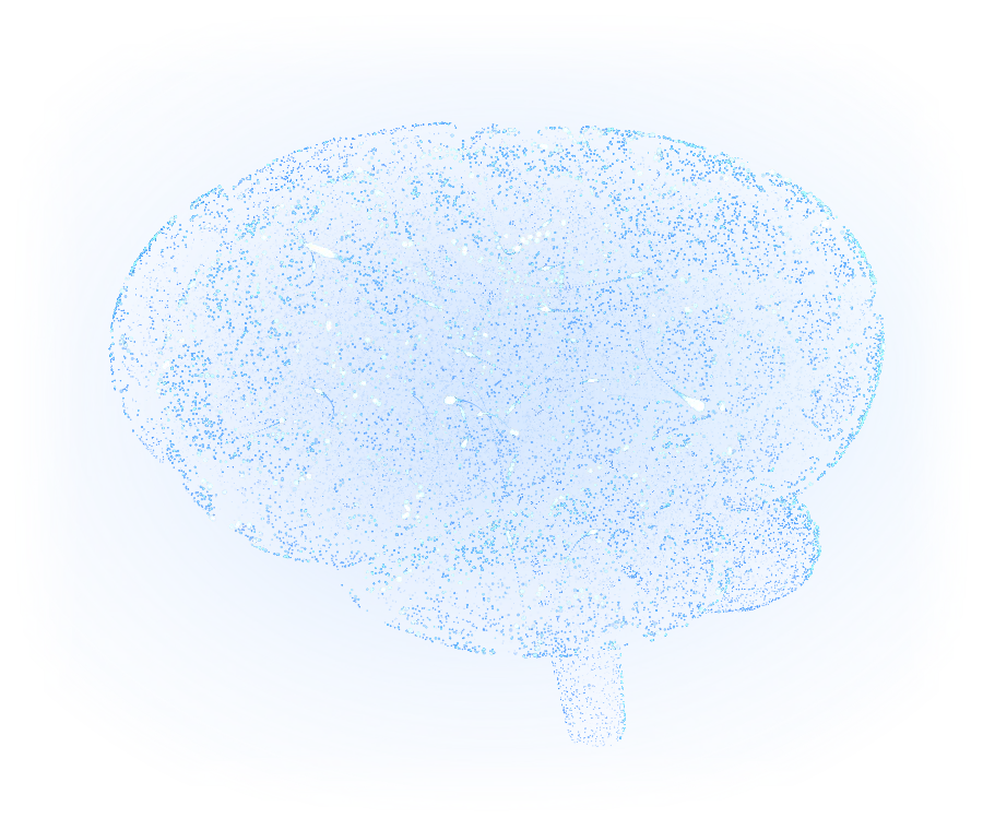 Un cerveau formé de particules lumineuses bleu ciel et blanches.